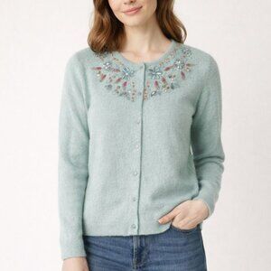 Free People Embellished Cardigan Womens S Aqua Wool Angora Chic Boho Cottage